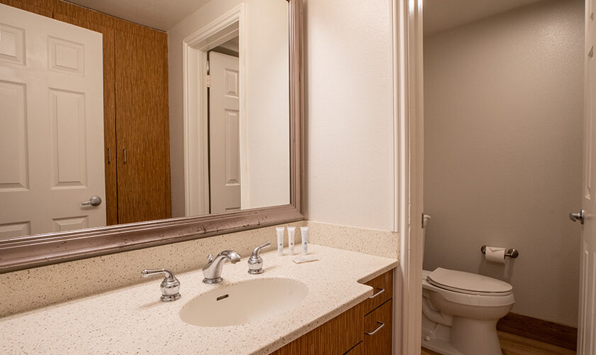 Bathroom sink, mirror, and toilet